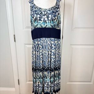 R&M Richards Blue Ikat Empire Waist Midi Dress 18 Resort Cruise Vacation Summer